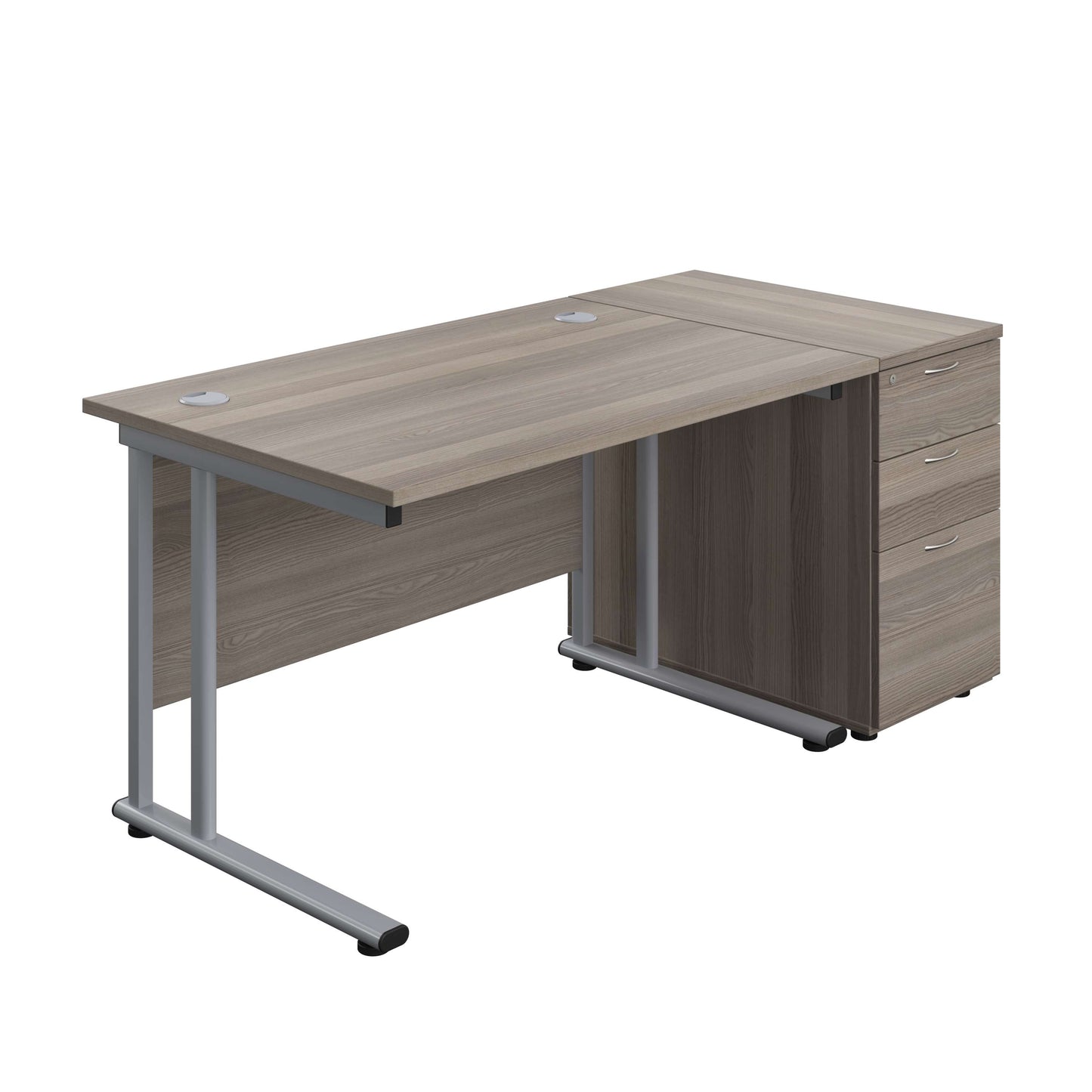 Twin Upright Rectangular Desk + Desk High 3 Drawer Pedestal (FSC) | 1200X800 | Grey Oak/Silver