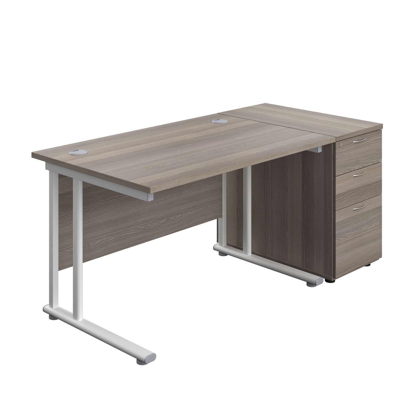 Twin Upright Rectangular Desk + Desk High 3 Drawer Pedestal (FSC) | 1200X800 | Grey Oak/White