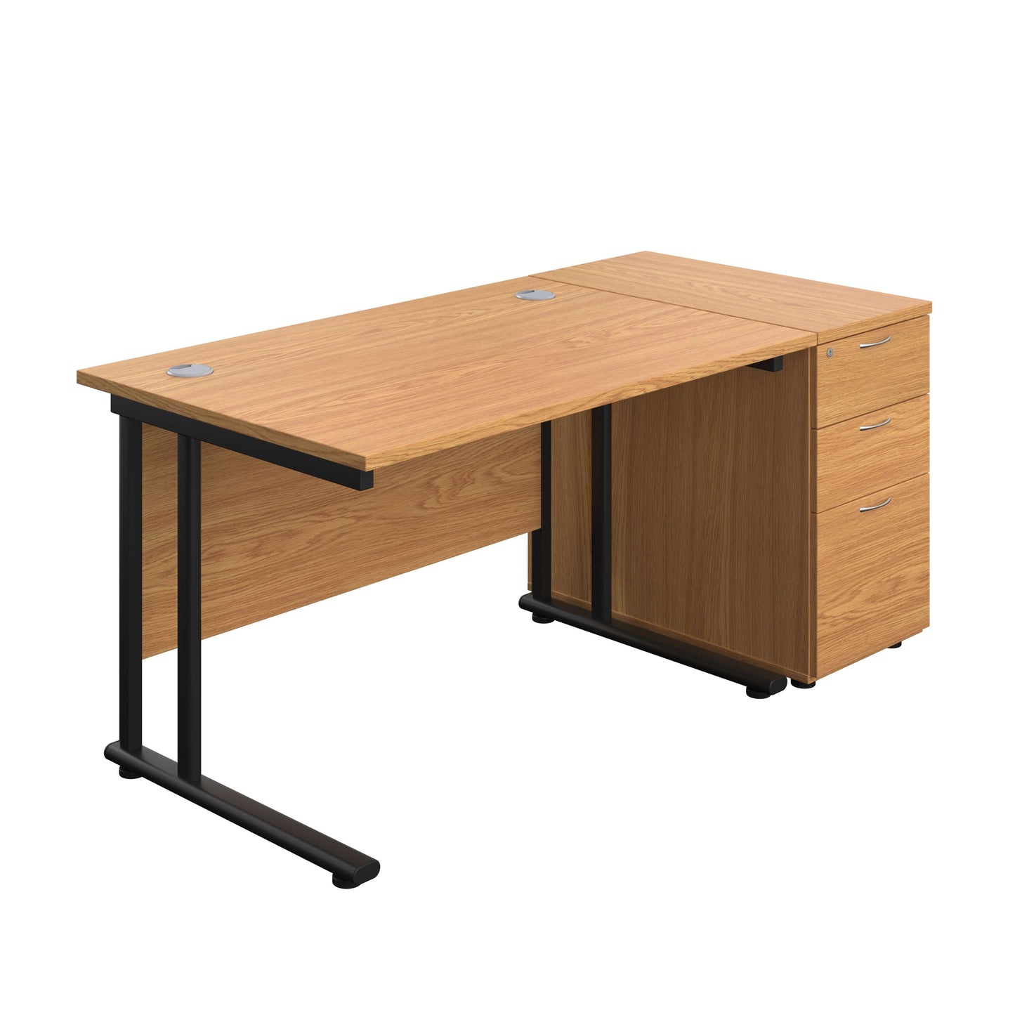 Twin Upright Rectangular Desk + Desk High 3 Drawer Pedestal (FSC) | 1200X800 | Nova Oak/Black
