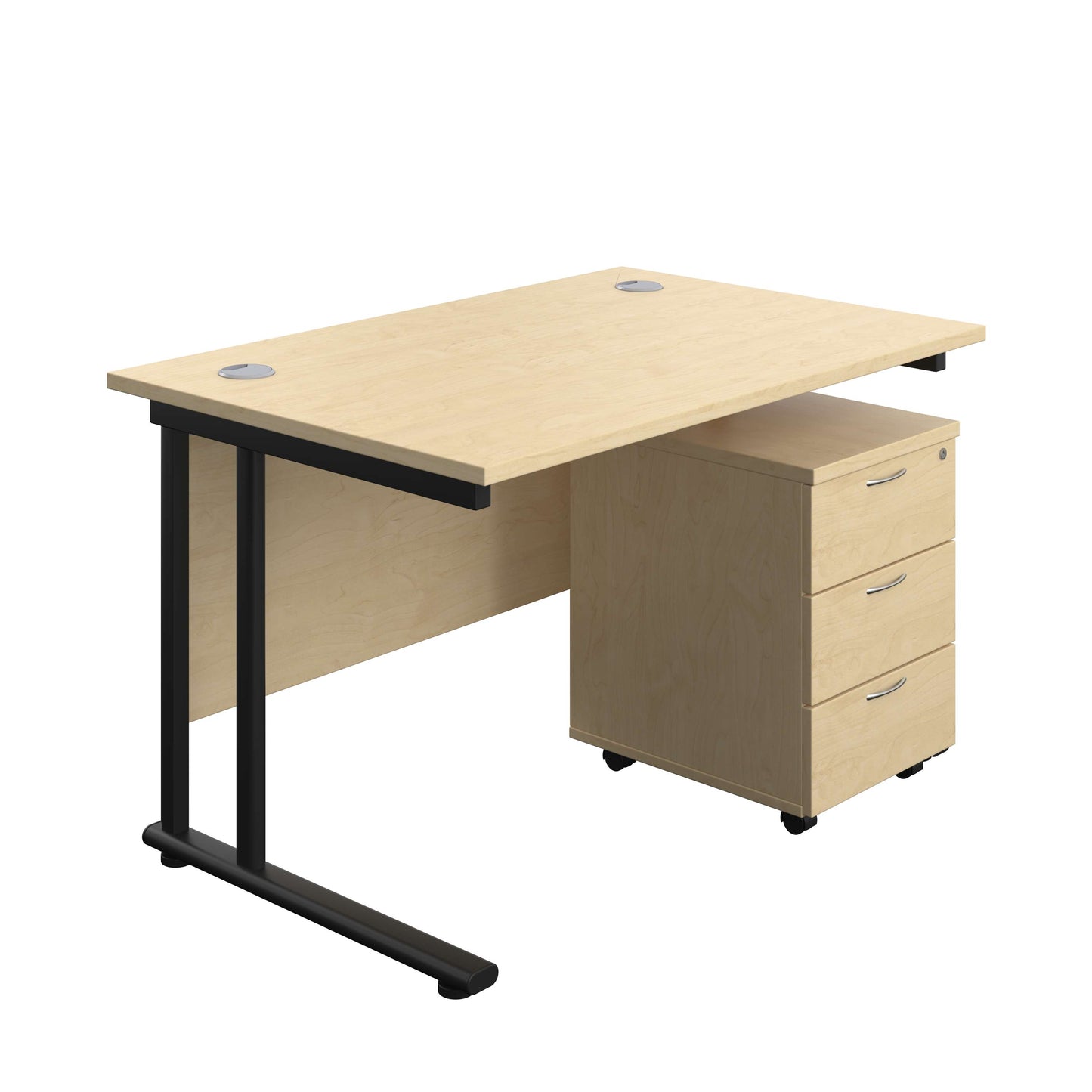 Twin Upright Rectangular Desk + Mobile 3 Drawer Pedestal (FSC) | 1200X800 | Maple/Black
