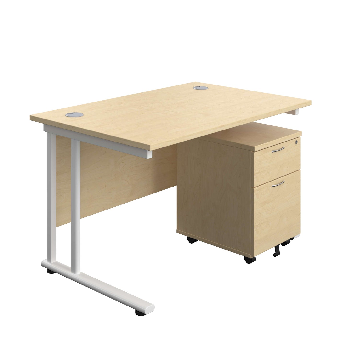 Twin Upright Rectangular Desk + Mobile 2 Drawer Pedestal (FSC) | 1200X800 | Maple/White