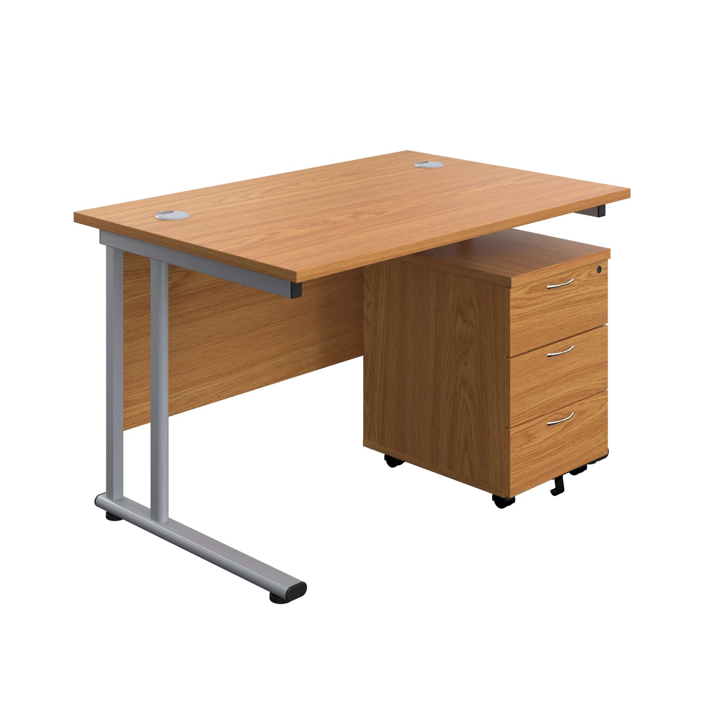 Twin Upright Rectangular Desk + Mobile 3 Drawer Pedestal (FSC) | 1200X800 | Nova Oak/Silver