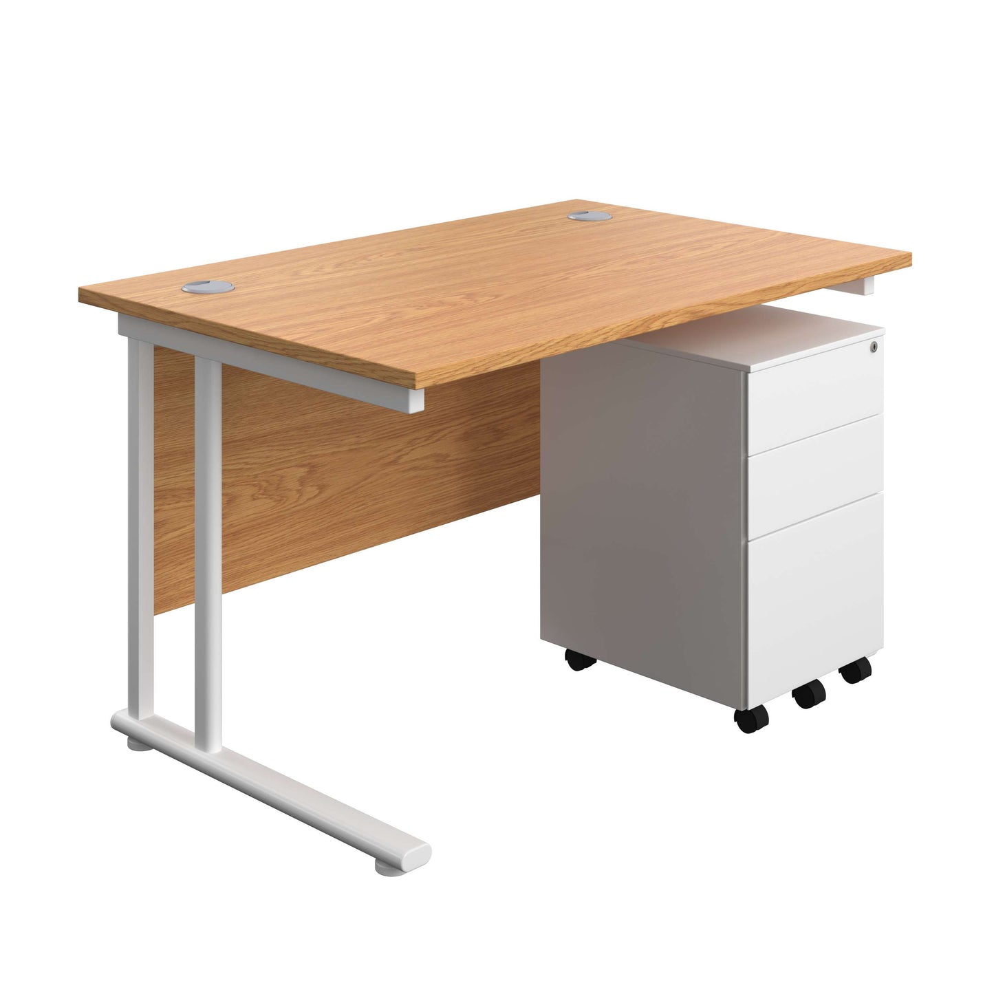 Twin Upright Rectangular Desk + Under Desk Steel Pedestal 3 Drawers (FSC) | 1200X800 | Nova Oak/White