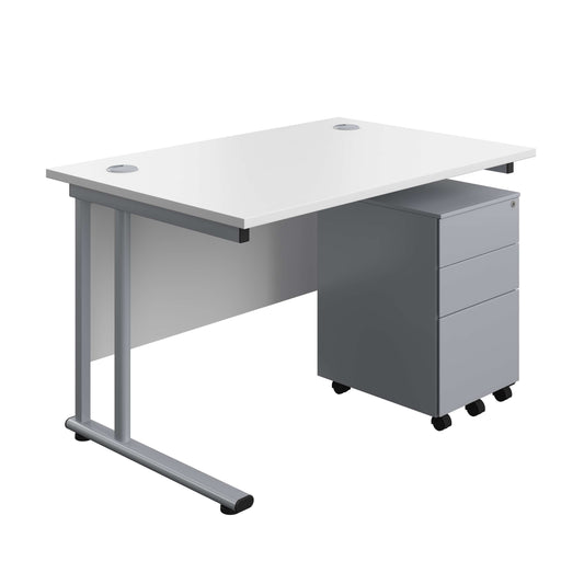 Twin Upright Rectangular Desk + Under Desk Steel Pedestal 3 Drawers (FSC) | 1200X800 | White/Silver