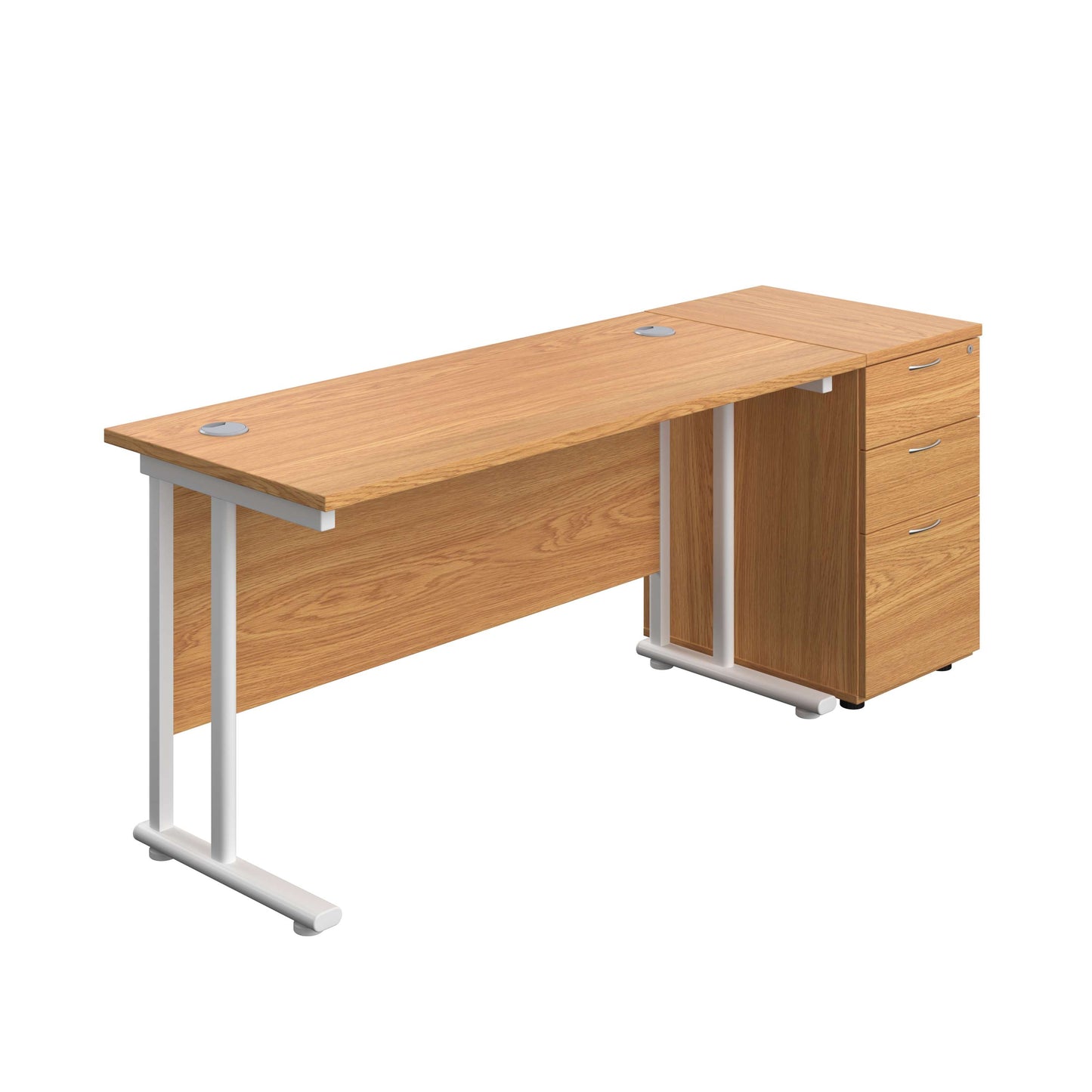 Twin Upright Rectangular Desk + Desk High 3 Drawer Pedestal (FSC) | 1400X600 | Nova Oak/White