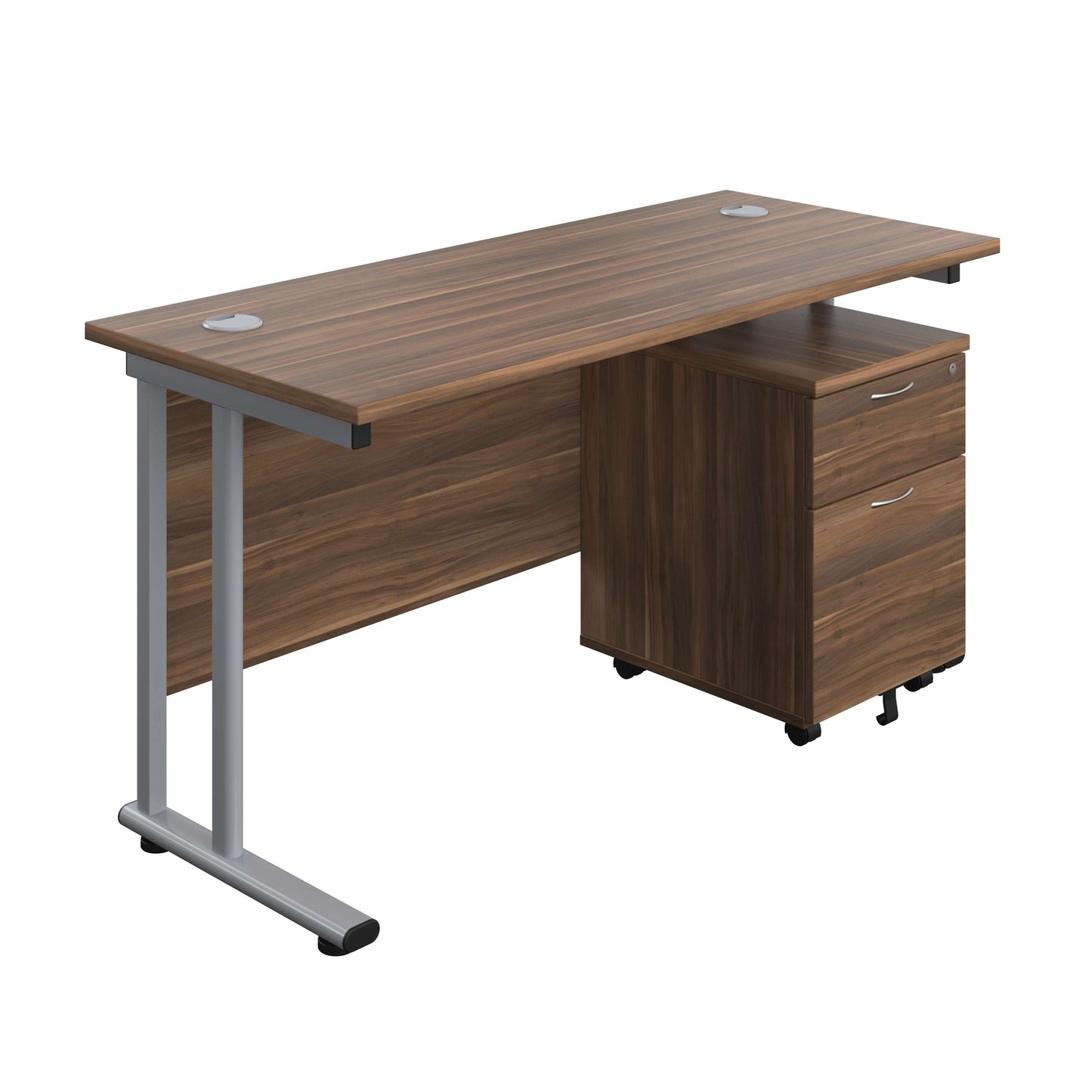 Twin Upright Rectangular Desk + Mobile 2 Drawer Pedestal (FSC) | 1400X600 | Dark Walnut/Silver