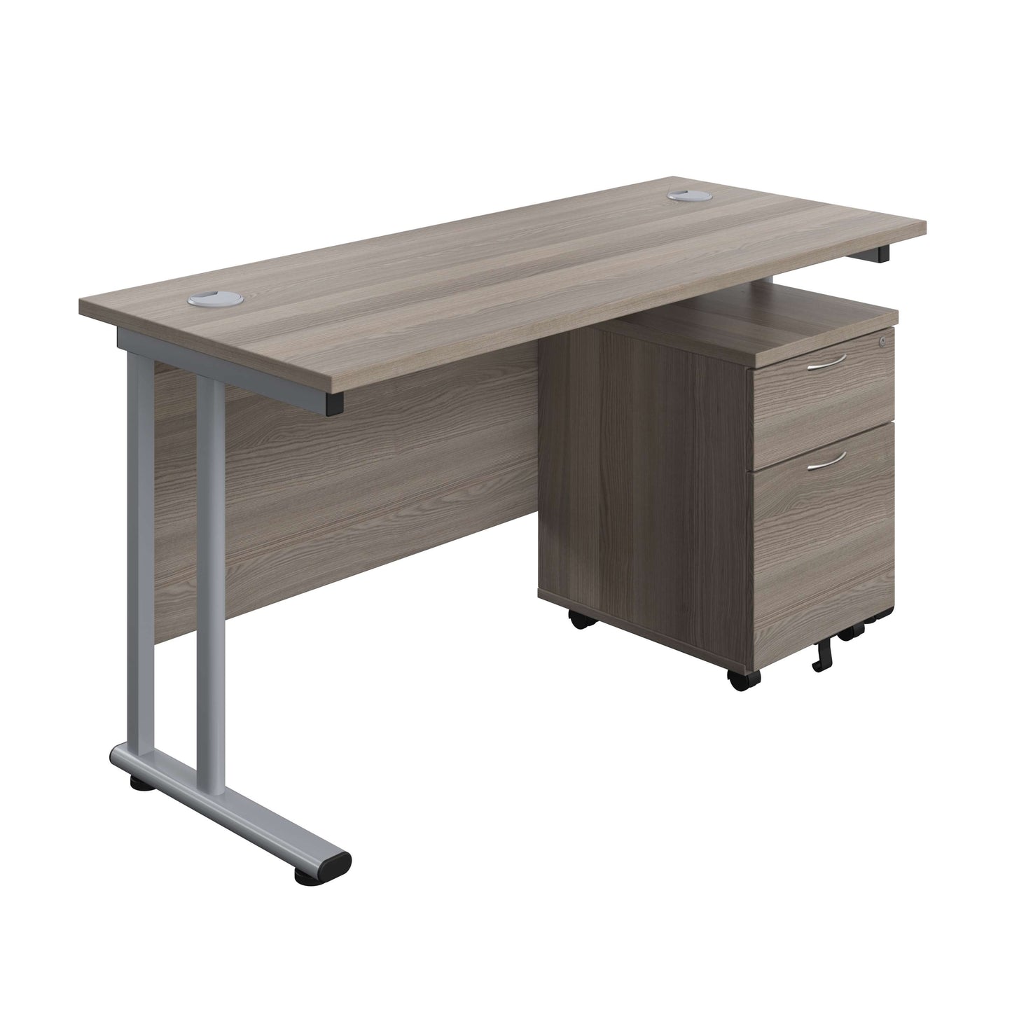 Twin Upright Rectangular Desk + Mobile 2 Drawer Pedestal (FSC) | 1400X600 | Grey Oak/Silver
