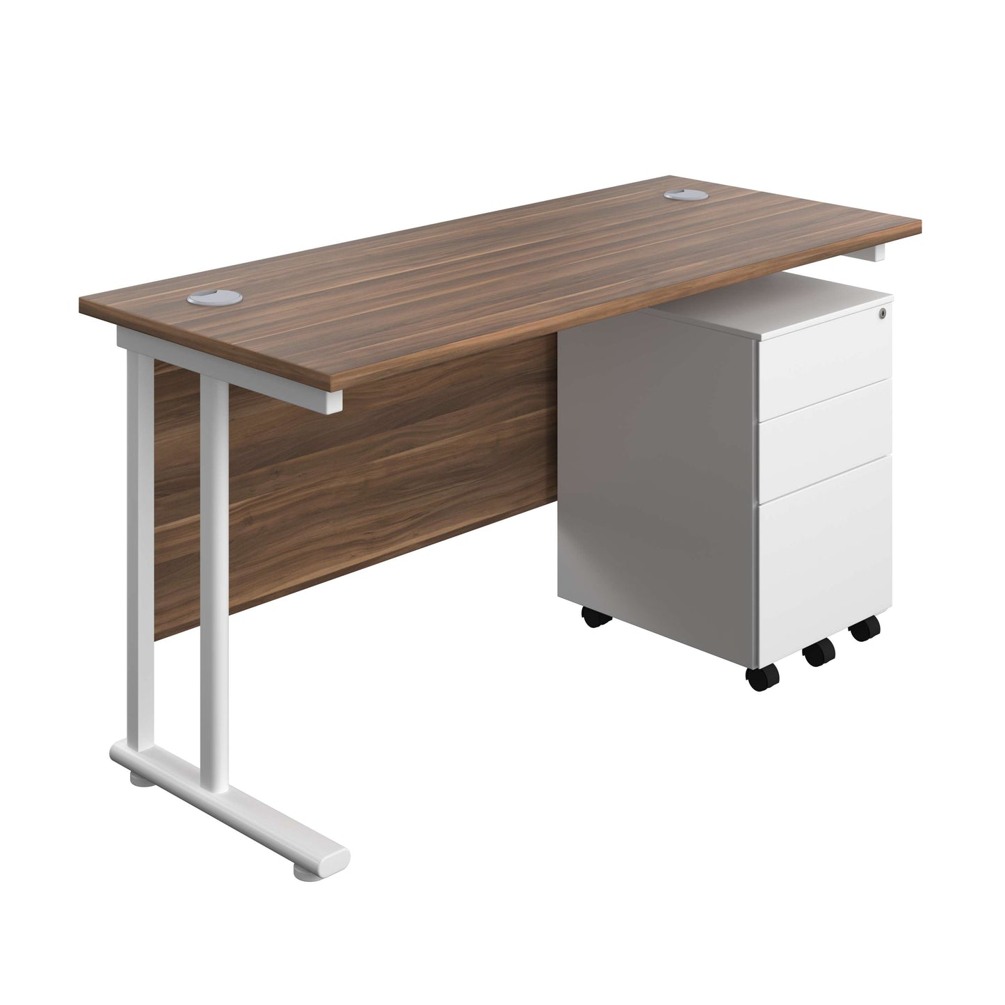 Twin Upright Rectangular Desk + Under Desk Steel Pedestal 3 Drawers (FSC) | 1400X600 | Dark Walnut/White