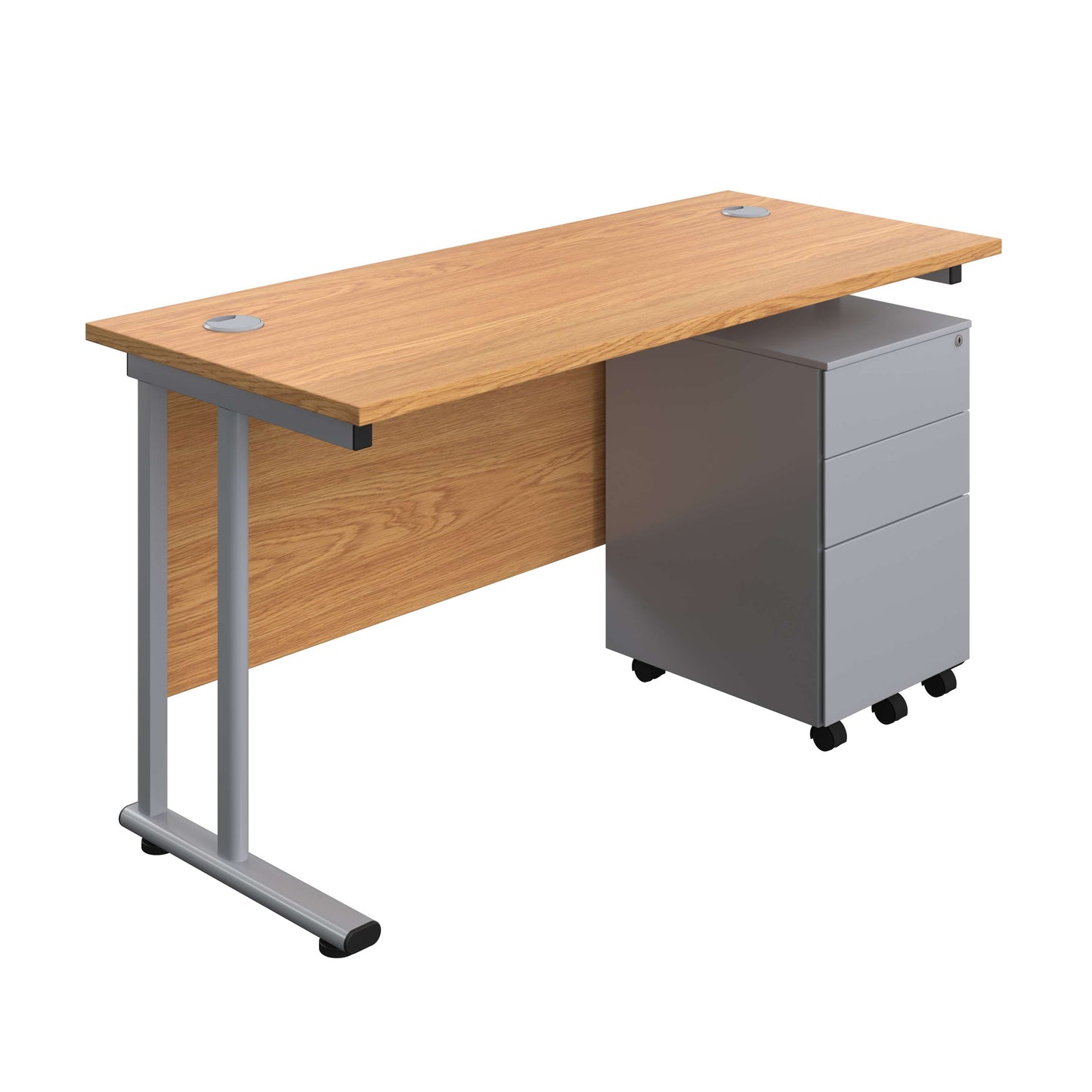 Twin Upright Rectangular Desk + Under Desk Steel Pedestal 3 Drawers (FSC) | 1400X600 | Nova Oak/Silver