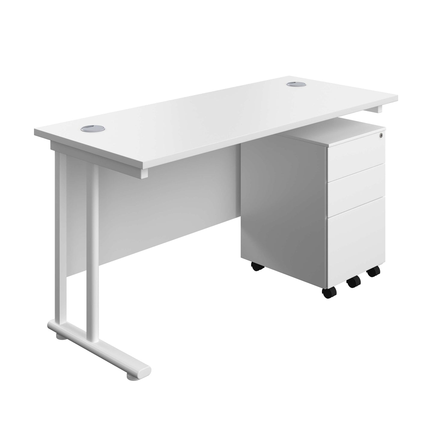 Twin Upright Rectangular Desk + Under Desk Steel Pedestal 3 Drawers (FSC) | 1400X600 | White/White
