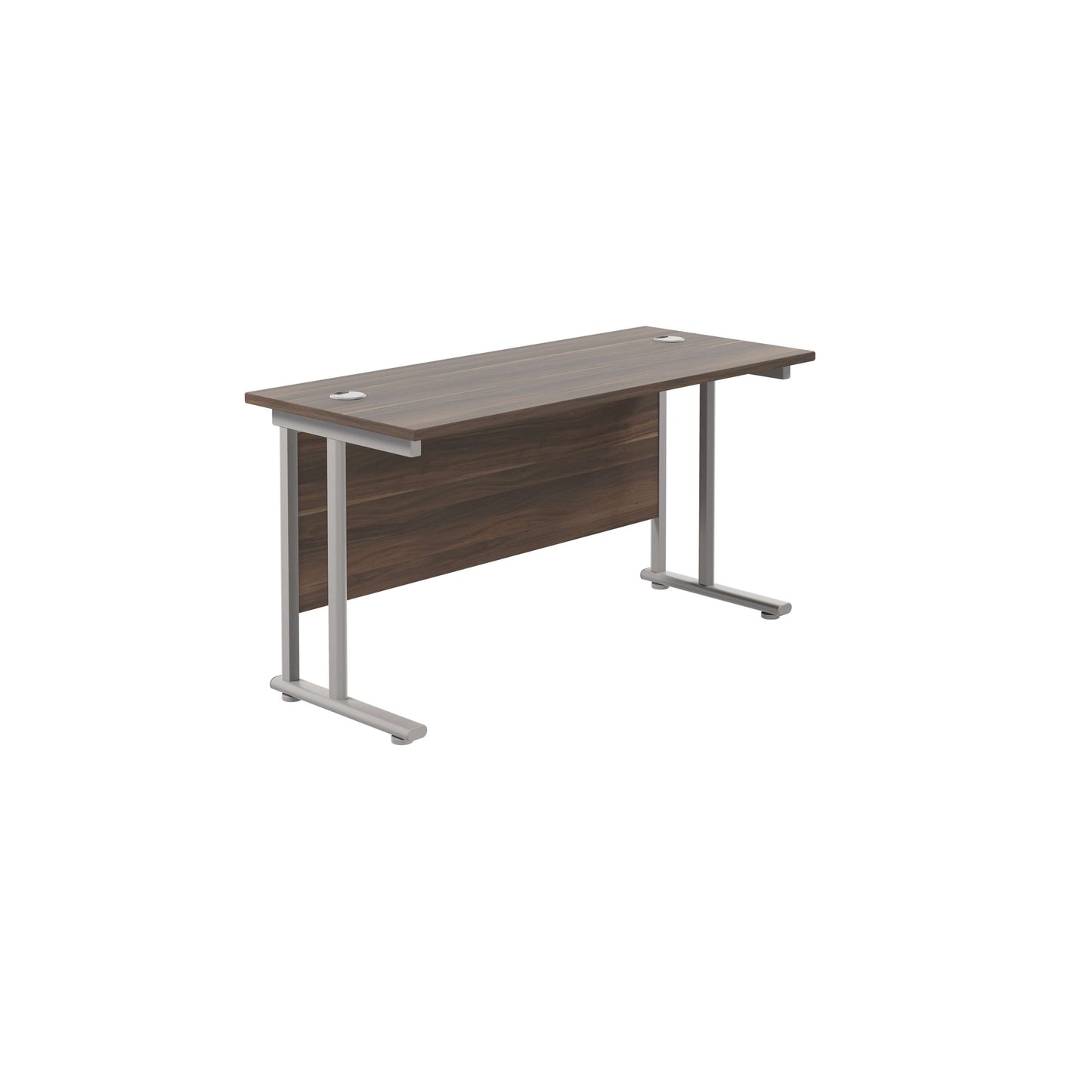 Twin Upright Rectangular Desk: 600mm Deep (FSC) | 1400X600 | Dark Walnut/Silver