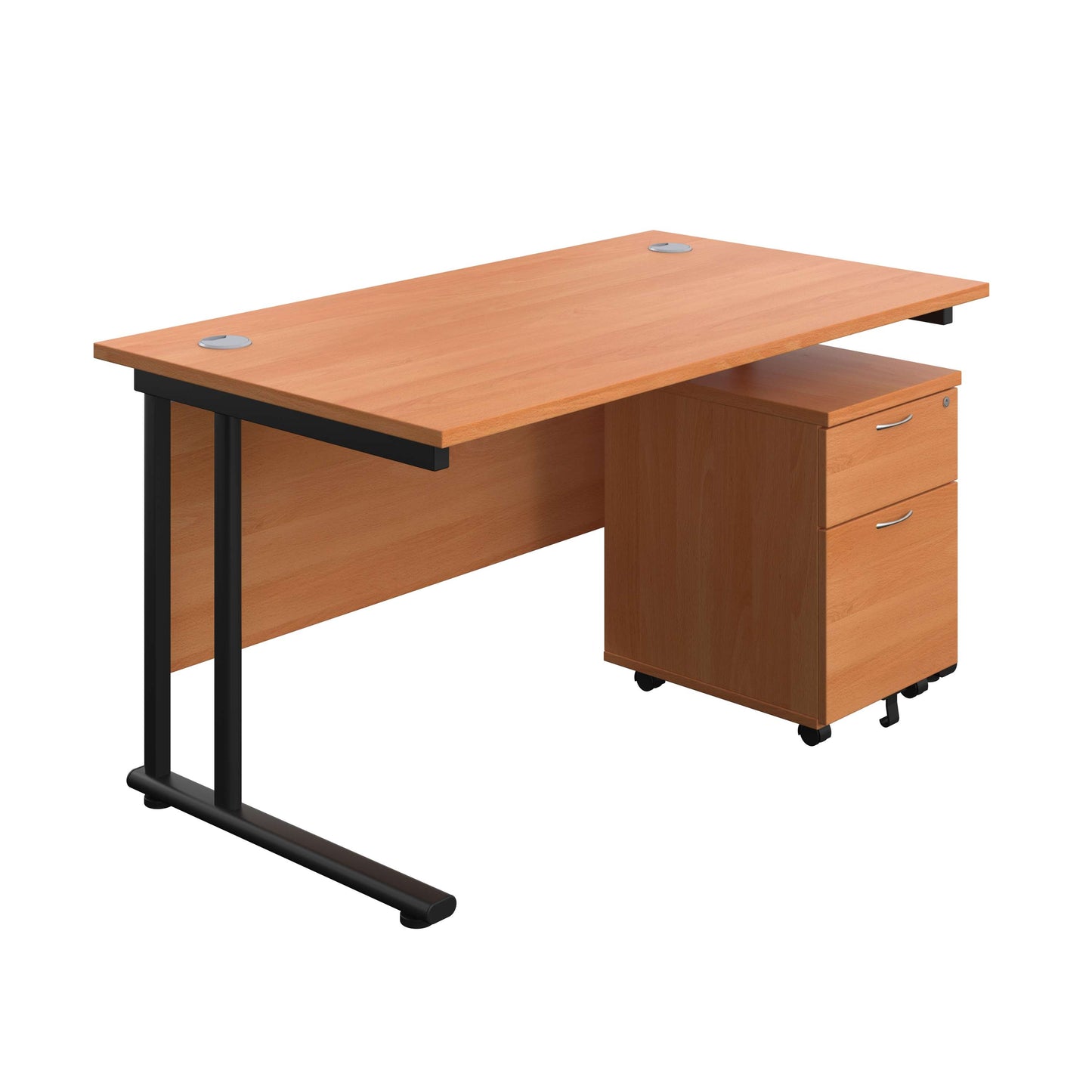 Twin Upright Rectangular Desk + Mobile 2 Drawer Pedestal (FSC) | 1400X800 | Beech/Black