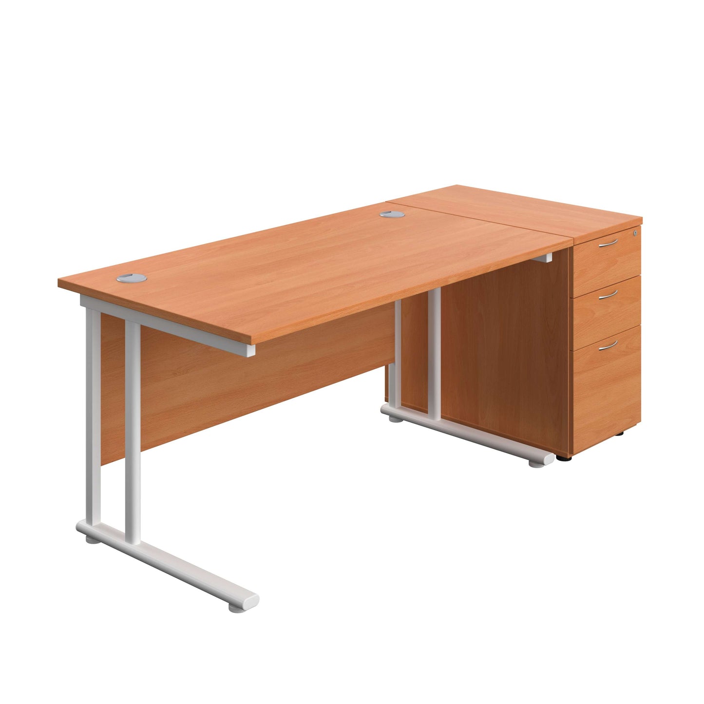 Twin Upright Rectangular Desk + Desk High 3 Drawer Pedestal (FSC) | 1400X800 | Beech/White