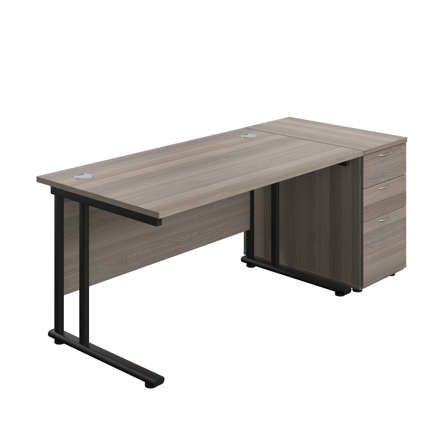 Twin Upright Rectangular Desk + Desk High 3 Drawer Pedestal (FSC) | 1400X800 | Grey Oak/Black