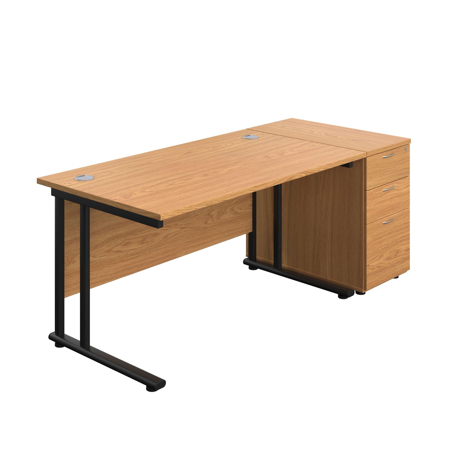 Twin Upright Rectangular Desk + Desk High 3 Drawer Pedestal (FSC) | 1400X800 | Nova Oak/Black