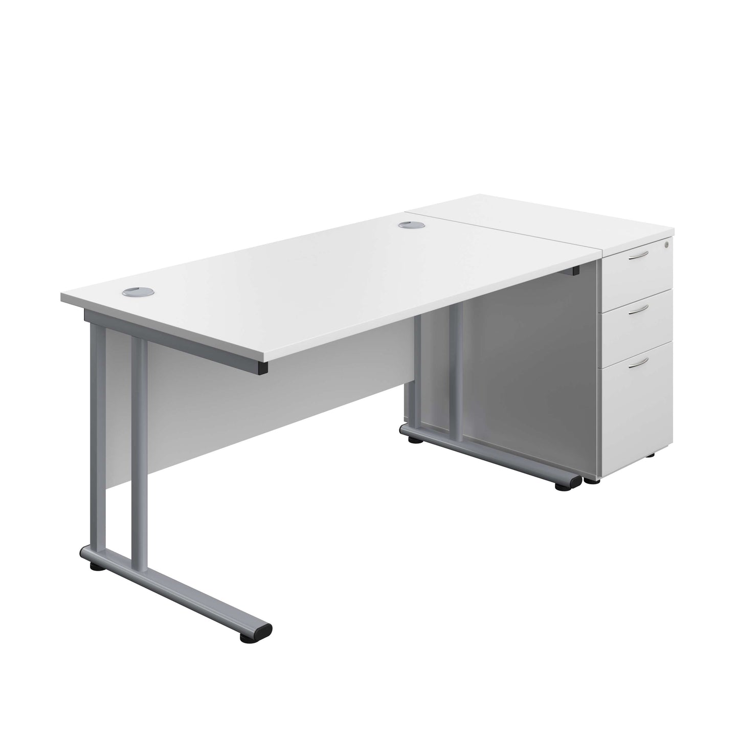 Twin Upright Rectangular Desk + Desk High 3 Drawer Pedestal (FSC) | 1400X800 | White/Silver