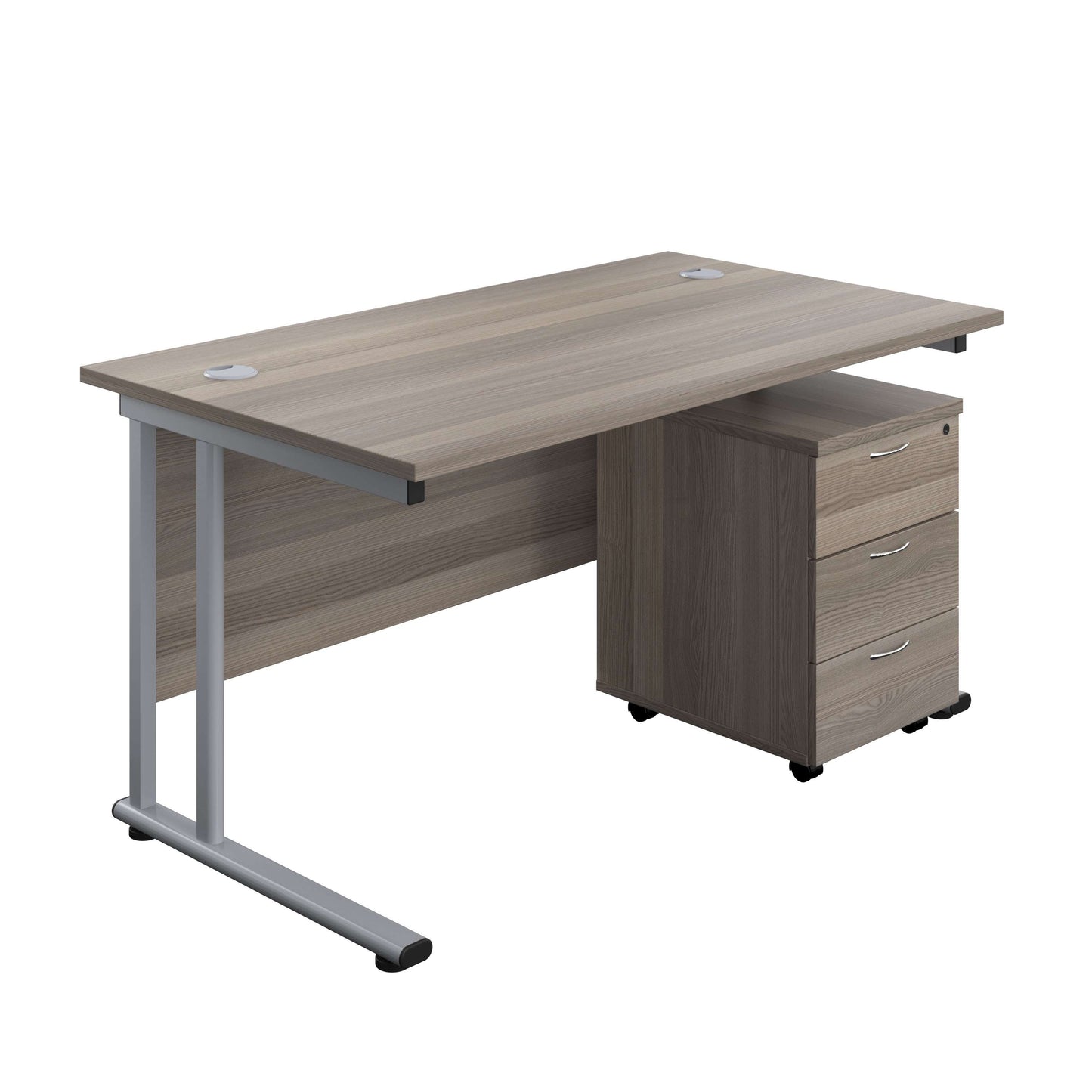 Twin Upright Rectangular Desk + Mobile 3 Drawer Pedestal (FSC) | 1400X800 | Grey Oak/Silver