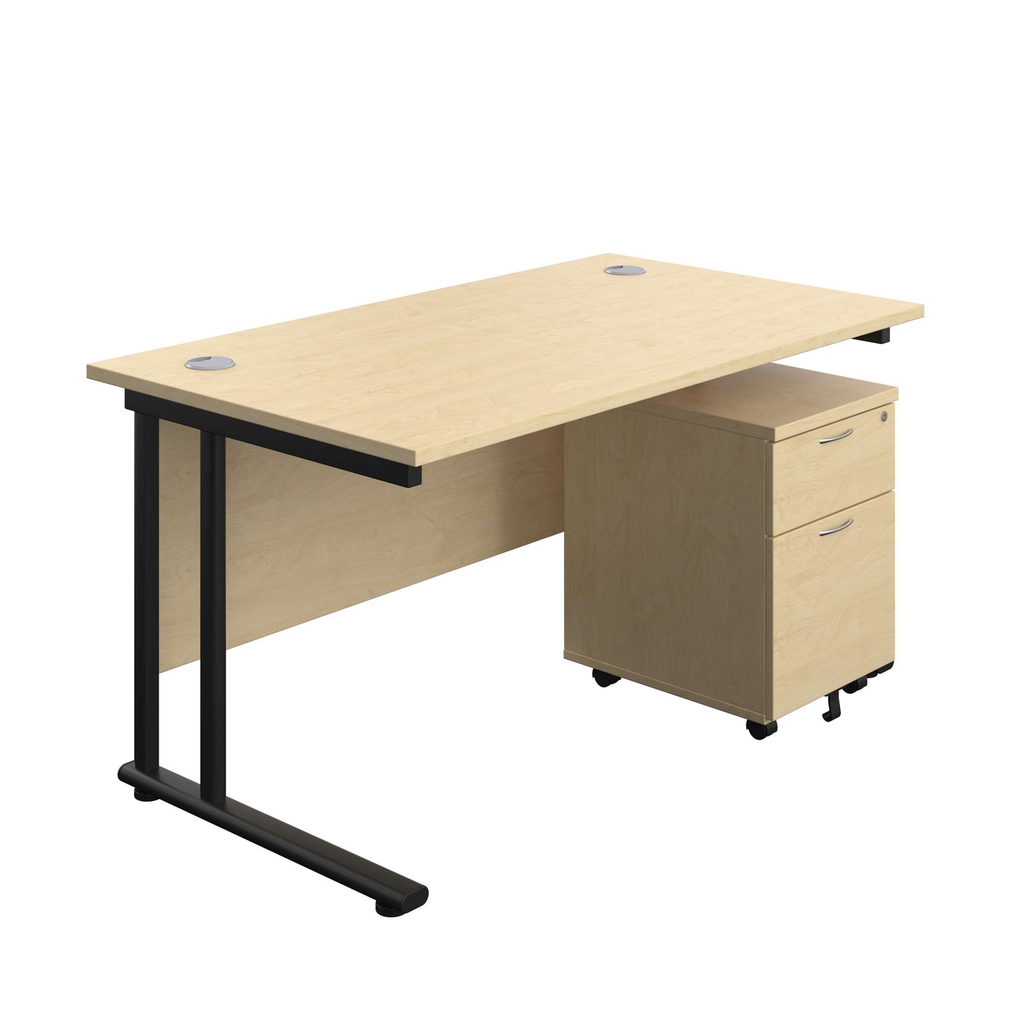 Twin Upright Rectangular Desk + Mobile 2 Drawer Pedestal (FSC) | 1400X800 | Maple/Black