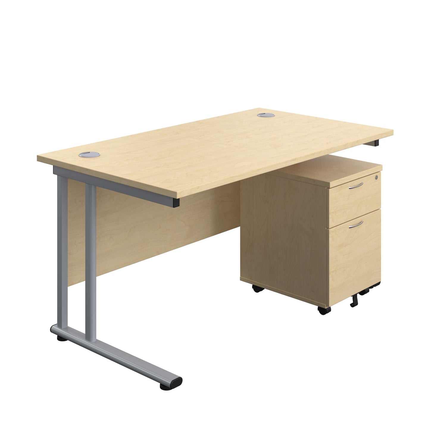 Twin Upright Rectangular Desk + Mobile 2 Drawer Pedestal (FSC) | 1400X800 | Maple/Silver