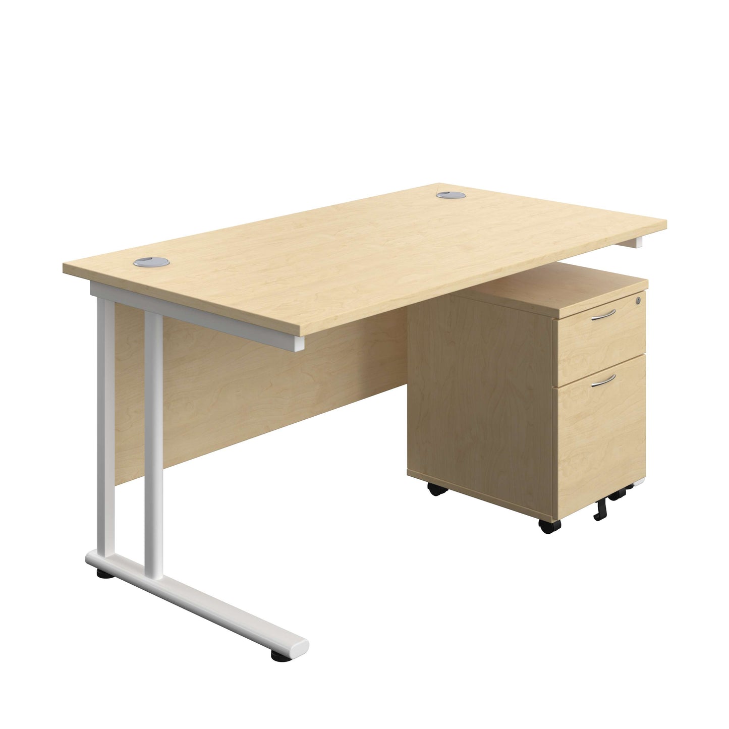 Twin Upright Rectangular Desk + Mobile 2 Drawer Pedestal (FSC) | 1400X800 | Maple/White