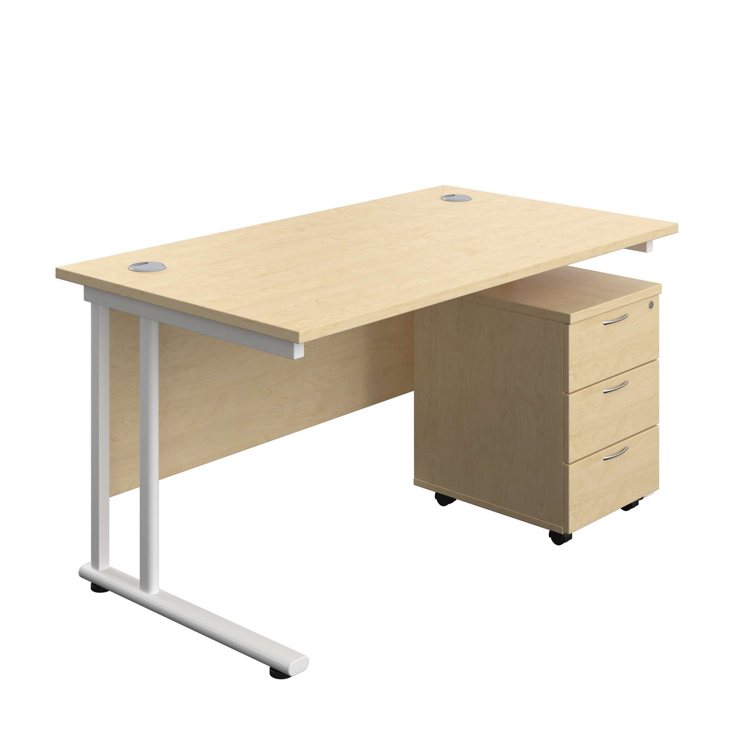 Twin Upright Rectangular Desk + Mobile 3 Drawer Pedestal (FSC) | 1400X800 | Maple/White