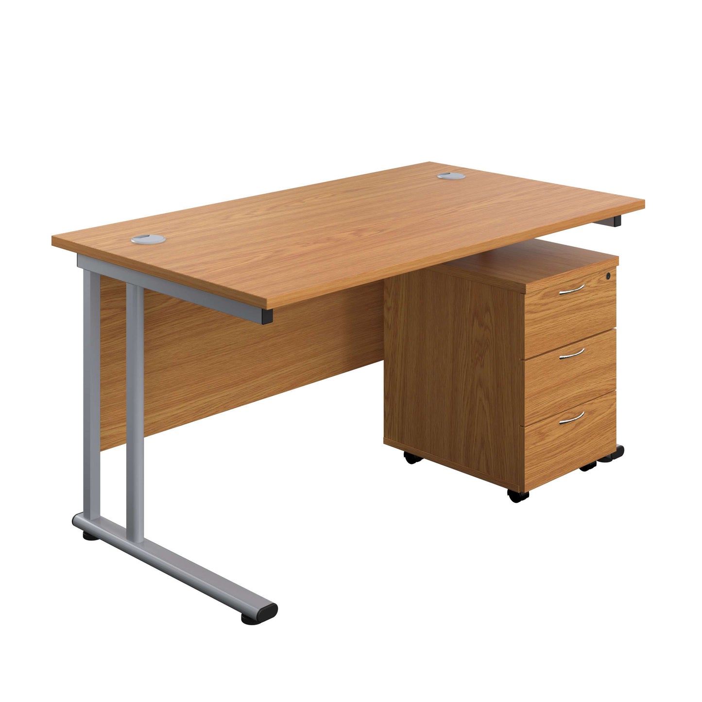 Twin Upright Rectangular Desk + Mobile 3 Drawer Pedestal (FSC) | 1400X800 | Nova Oak/Silver