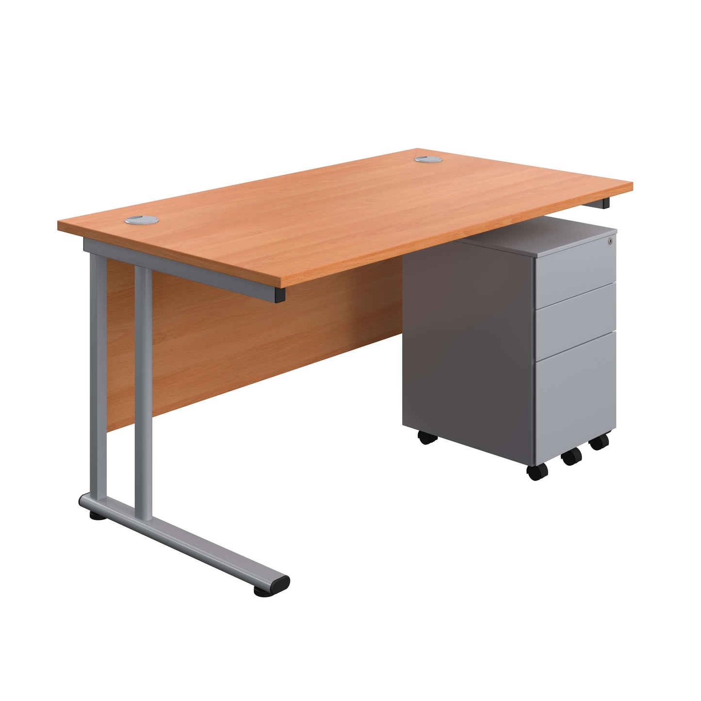 Twin Upright Rectangular Desk + Under Desk Steel Pedestal 3 Drawers (FSC) | 1400X800 | Beech/Silver