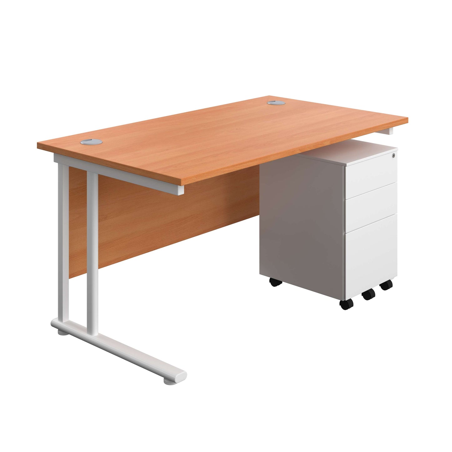 Twin Upright Rectangular Desk + Under Desk Steel Pedestal 3 Drawers (FSC) | 1400X800 | Beech/White