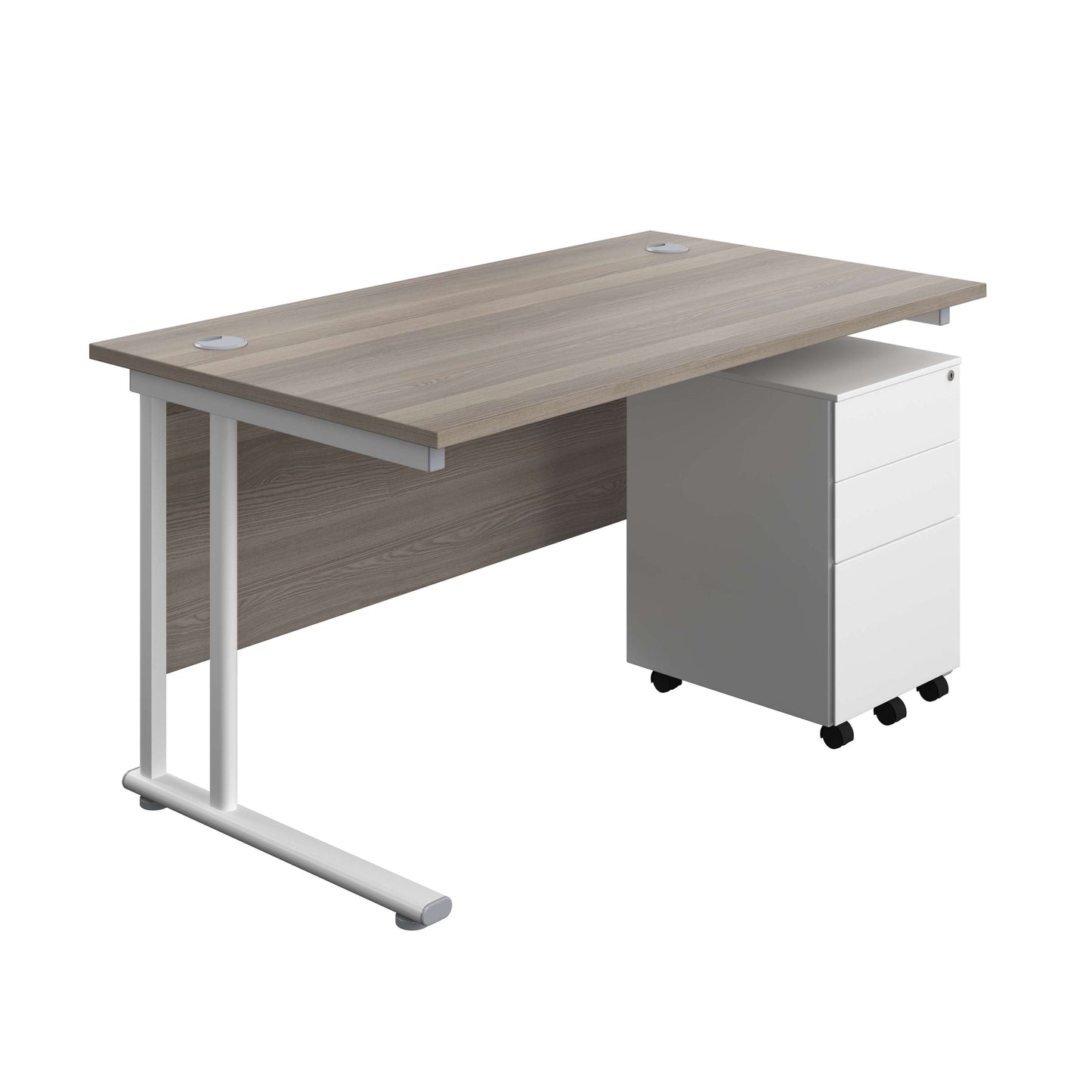 Twin Upright Rectangular Desk + Under Desk Steel Pedestal 3 Drawers (FSC) | 1400X800 | Grey Oak/White