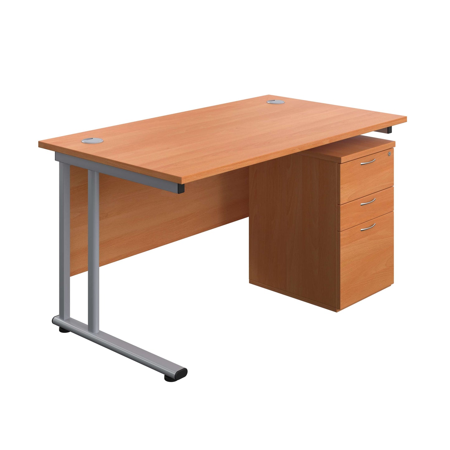 Twin Upright Rectangular Desk + High Mobile Pedestal 3 Drawer (FSC) | 1400X800 | Beech/Silver