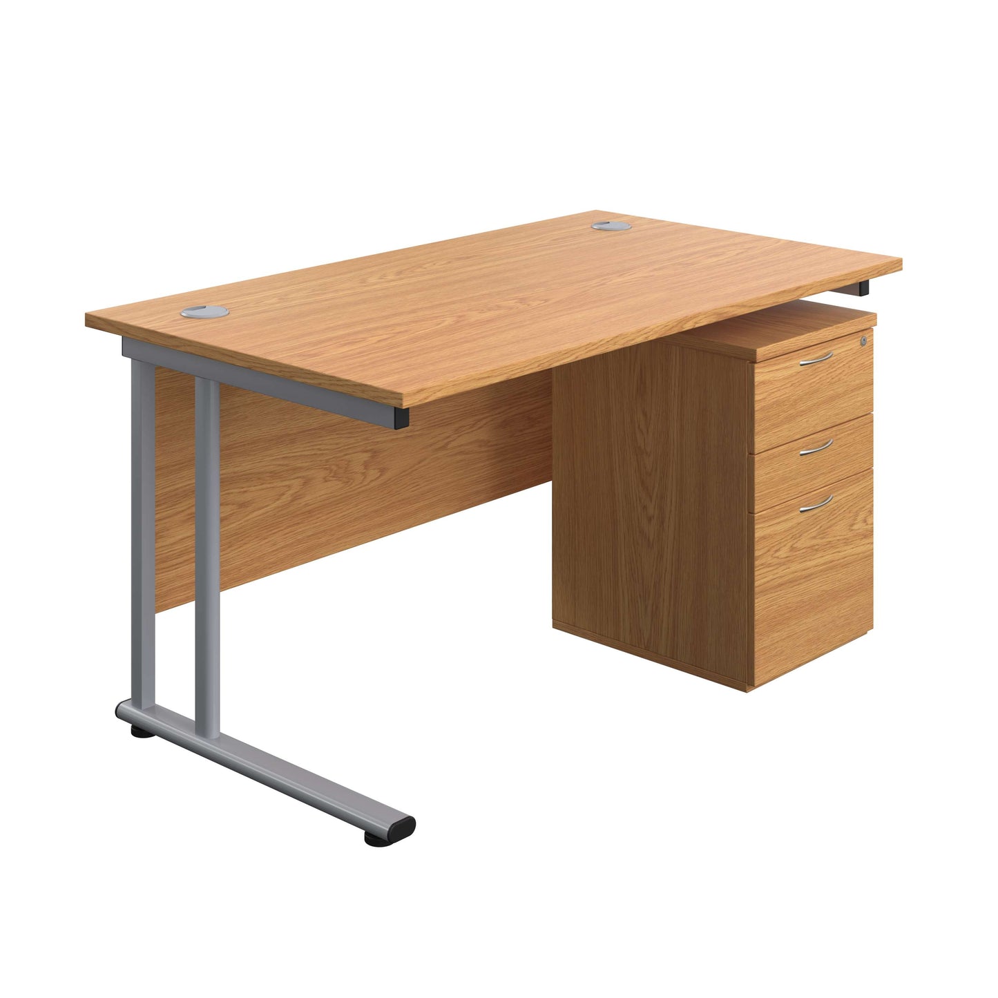 Twin Upright Rectangular Desk + High Mobile Pedestal 3 Drawer (FSC) | 1400X800 | Nova Oak/Silver