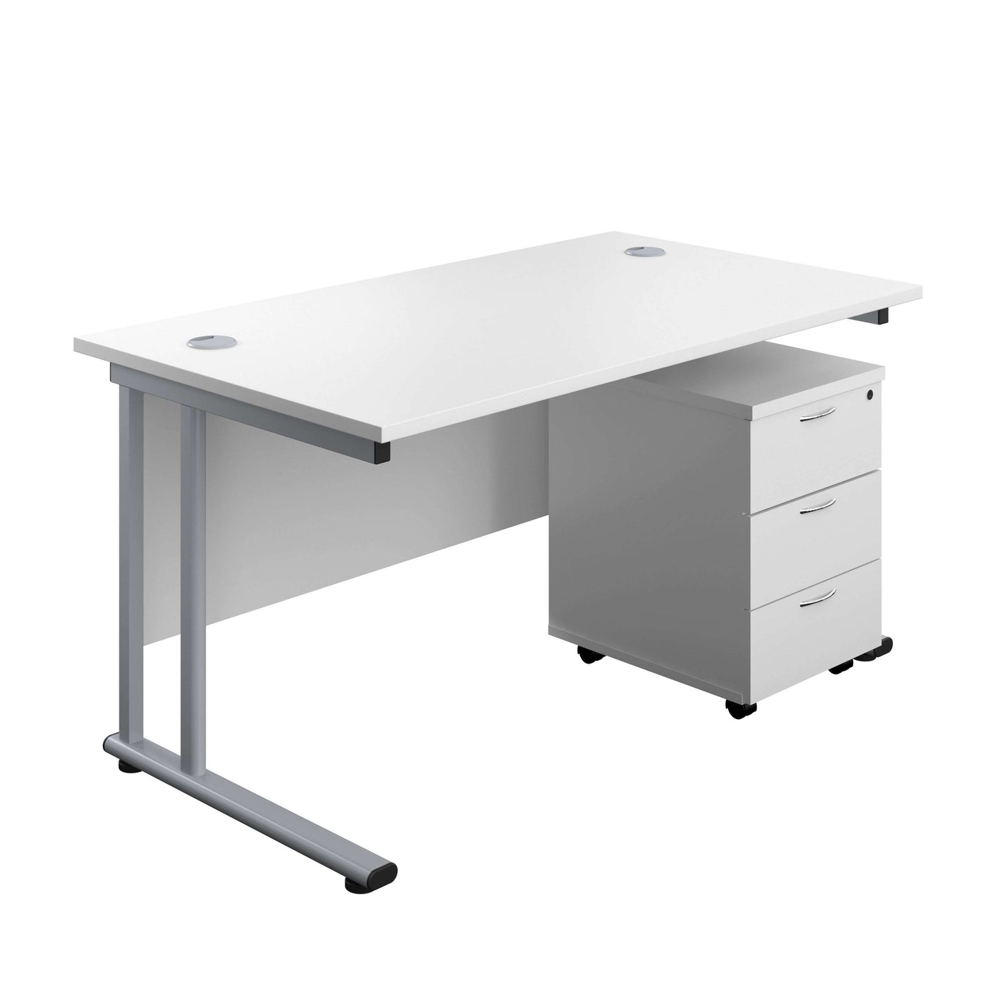 Twin Upright Rectangular Desk + Mobile 3 Drawer Pedestal (FSC) | 1400X800 | White/Silver