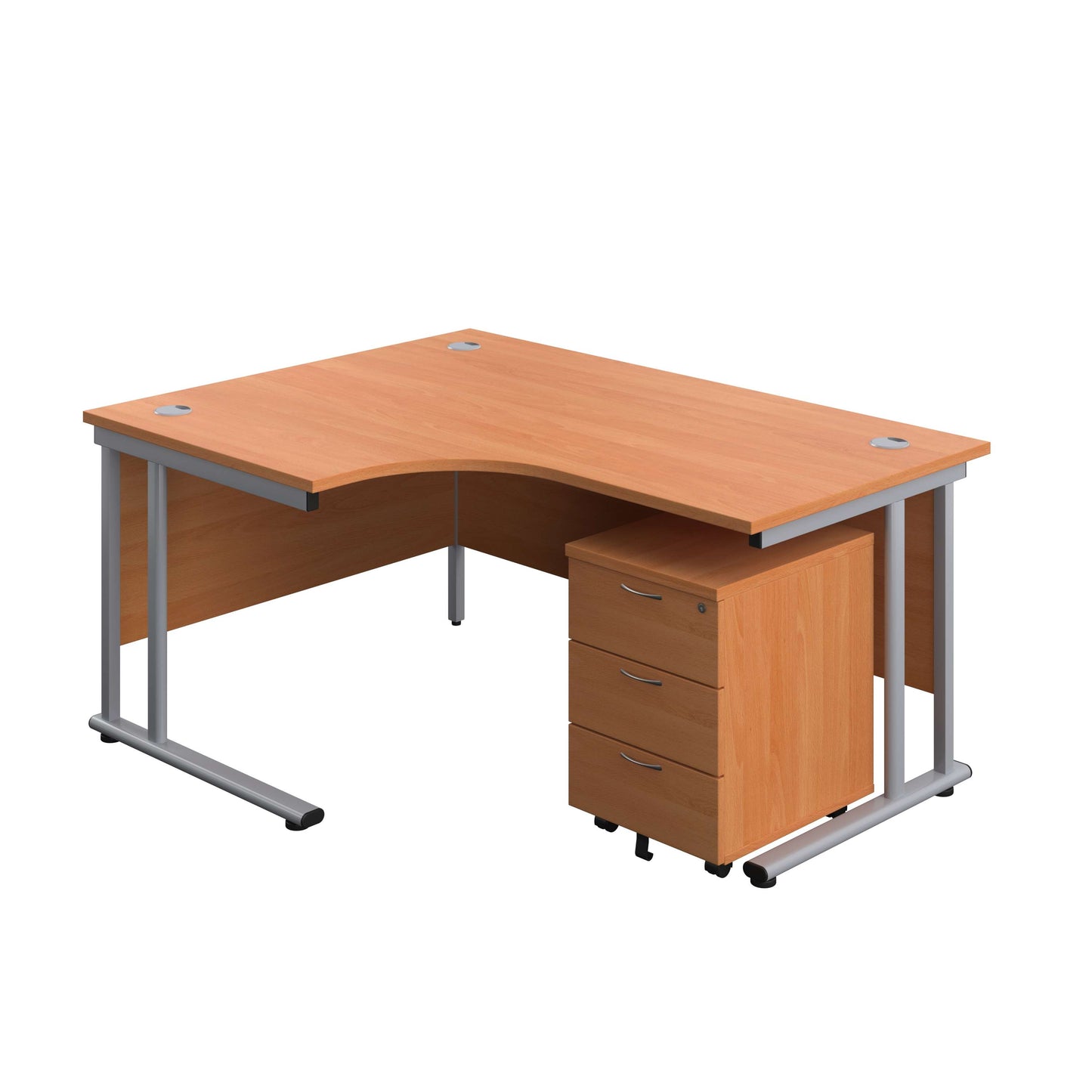 Twin Upright Left Hand Radial Desk + Mobile 3 Drawer Pedestal (FSC) | 1600X1200 | Beech/Silver