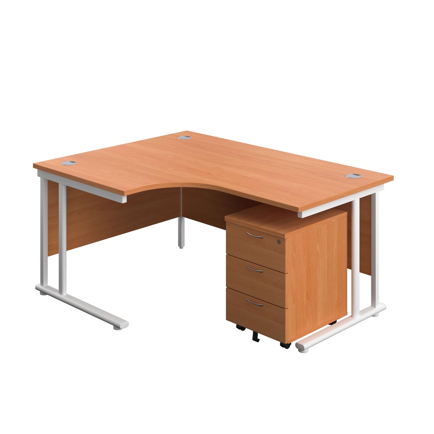 Twin Upright Left Hand Radial Desk + Mobile 3 Drawer Pedestal (FSC) | 1600X1200 | Beech/White