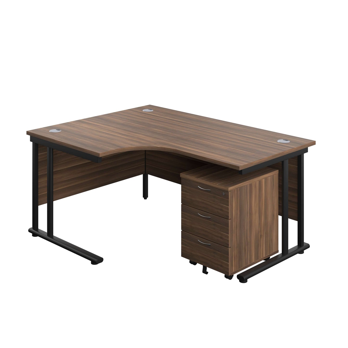 Twin Upright Left Hand Radial Desk + Mobile 3 Drawer Pedestal (FSC) | 1600X1200 | Dark Walnut/Black