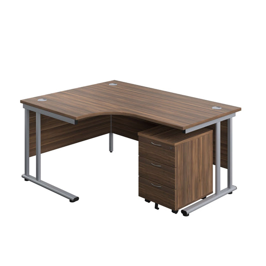 Twin Upright Left Hand Radial Desk + Mobile 3 Drawer Pedestal (FSC) | 1600X1200 | Dark Walnut/Silver