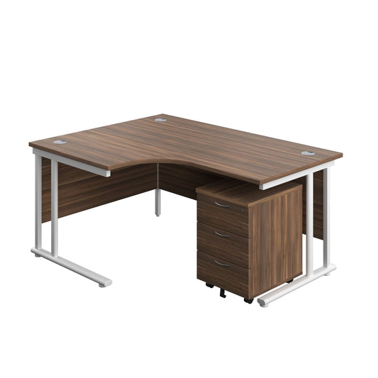 Twin Upright Left Hand Radial Desk + Mobile 3 Drawer Pedestal (FSC) | 1600X1200 | Dark Walnut/White