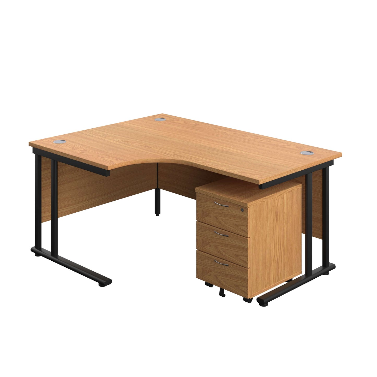 Twin Upright Left Hand Radial Desk + Mobile 3 Drawer Pedestal (FSC) | 1600X1200 | Nova Oak/Black