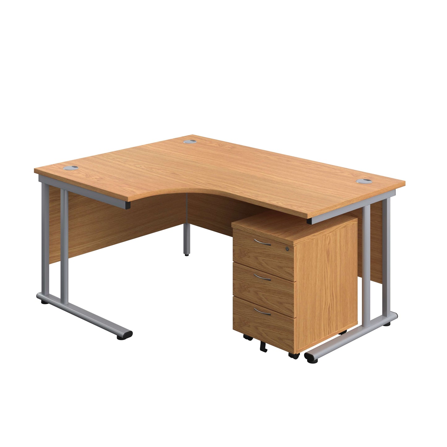 Twin Upright Left Hand Radial Desk + Mobile 3 Drawer Pedestal (FSC) | 1600X1200 | Nova Oak/Silver