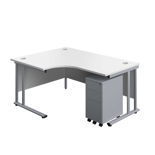Twin Upright Left Hand Radial Desk + Slimline Steel Pedestal 3 Drawers (FSC) | 1600X1200 | White/Silver