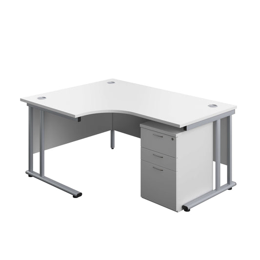 Twin Upright Left Hand Radial Desk + High Mobile Pedestal 3 Drawer (FSC) | 1600X1200 | White/Silver