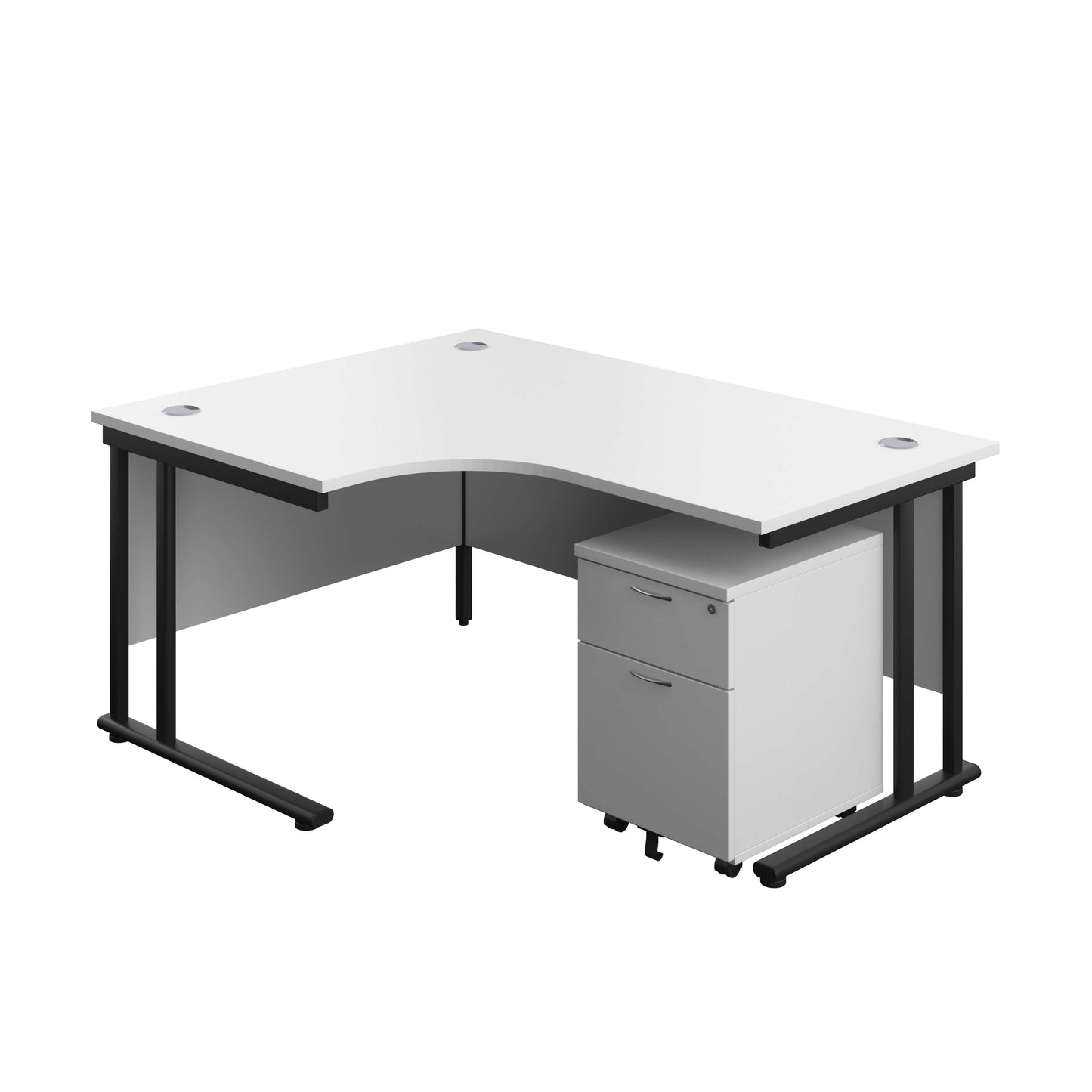 Twin Upright Left Hand Radial Desk + Mobile 2 Drawer Pedestal (FSC) | 1600X1200 | White/Black