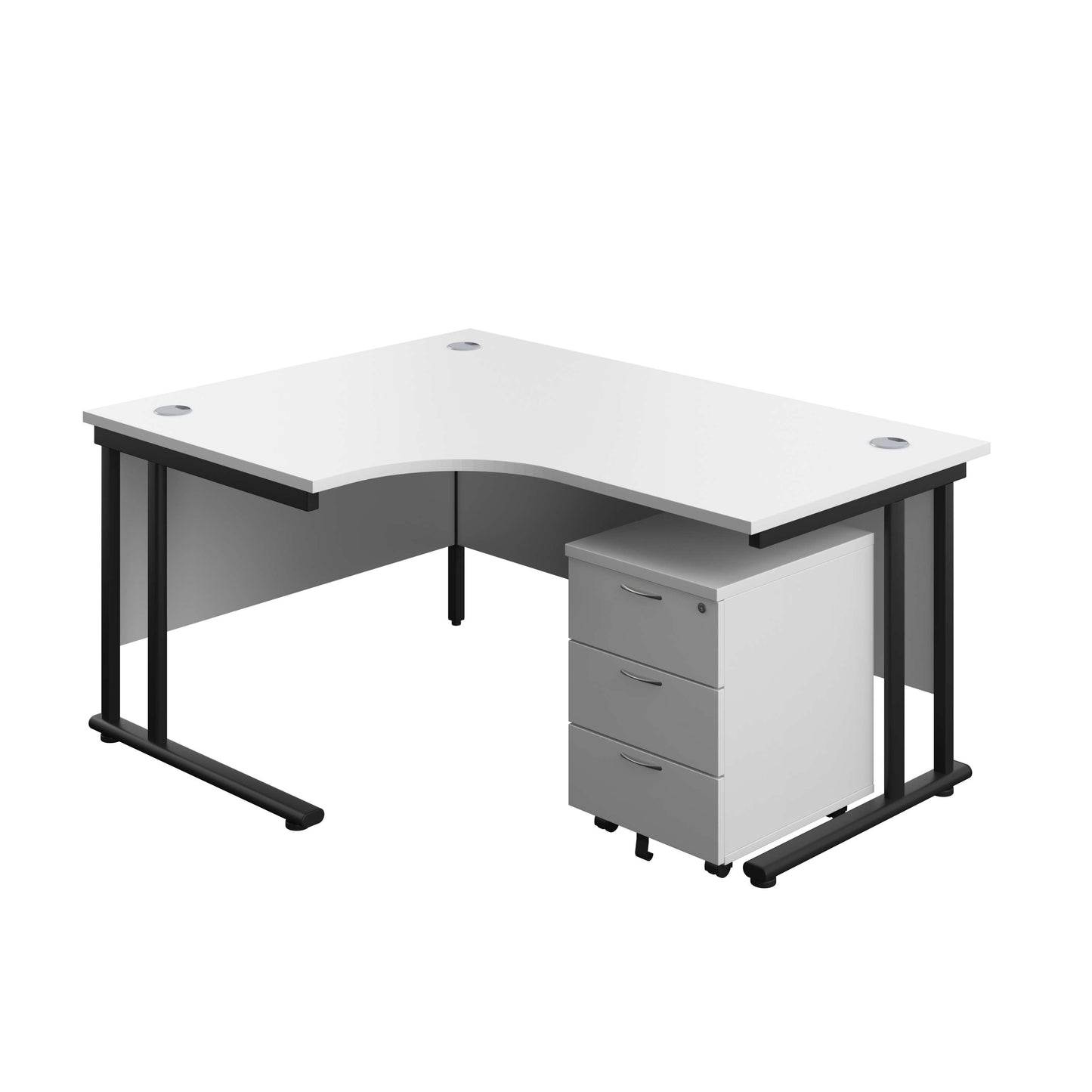 Twin Upright Left Hand Radial Desk + Mobile 3 Drawer Pedestal (FSC) | 1600X1200 | White/Black