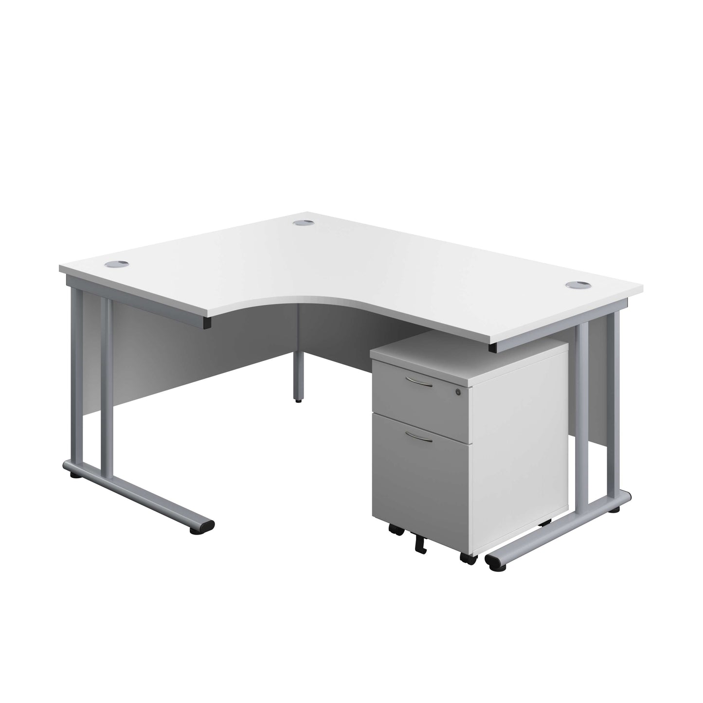 Twin Upright Left Hand Radial Desk + Mobile 2 Drawer Pedestal (FSC) | 1600X1200 | White/Silver
