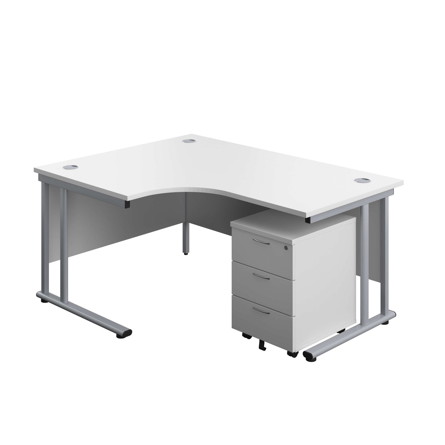 Twin Upright Left Hand Radial Desk + Mobile 3 Drawer Pedestal (FSC) | 1600X1200 | White/Silver