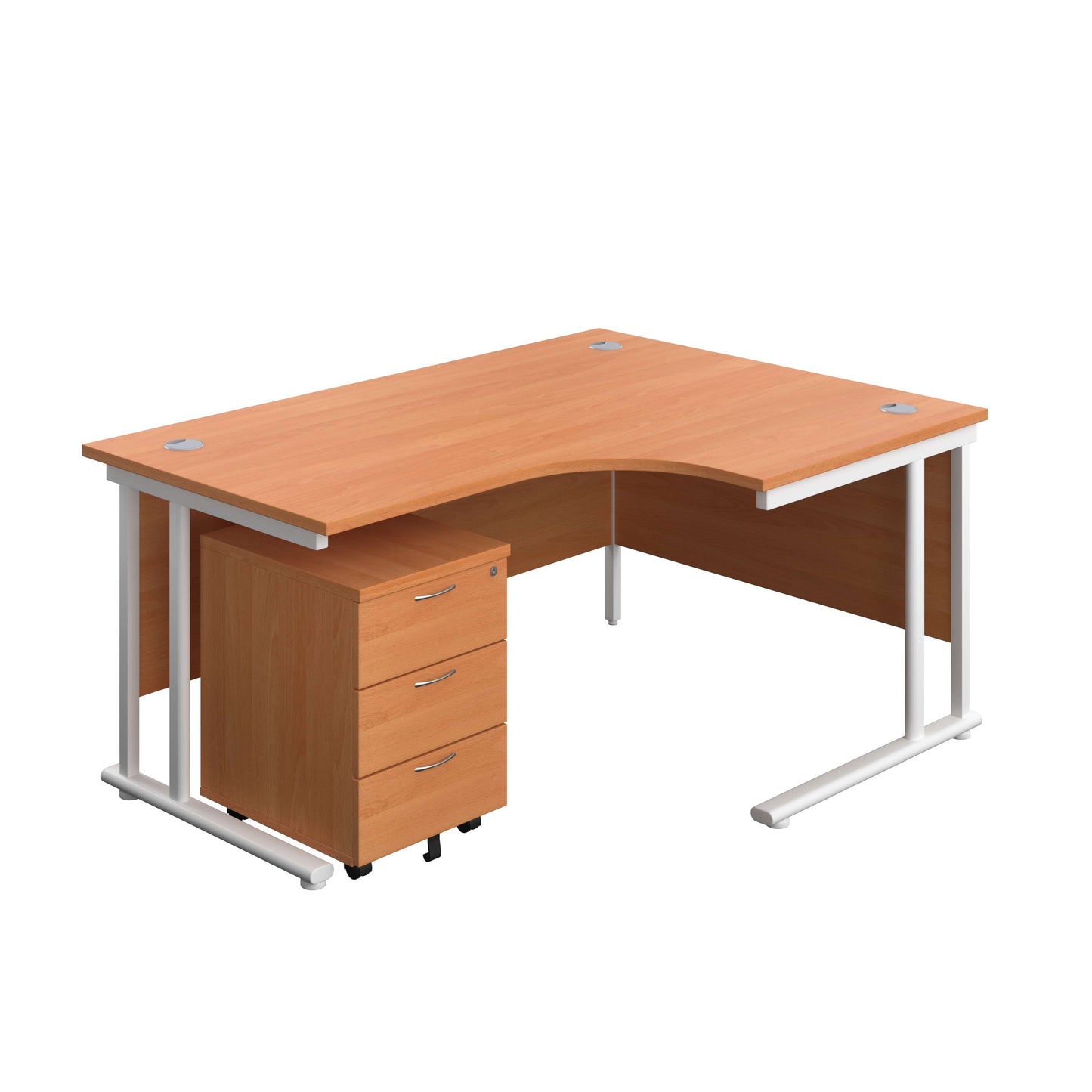 Twin Upright Right Hand Radial Desk + Mobile 3 Drawer Pedestal (FSC) | 1600X1200 | Beech/White