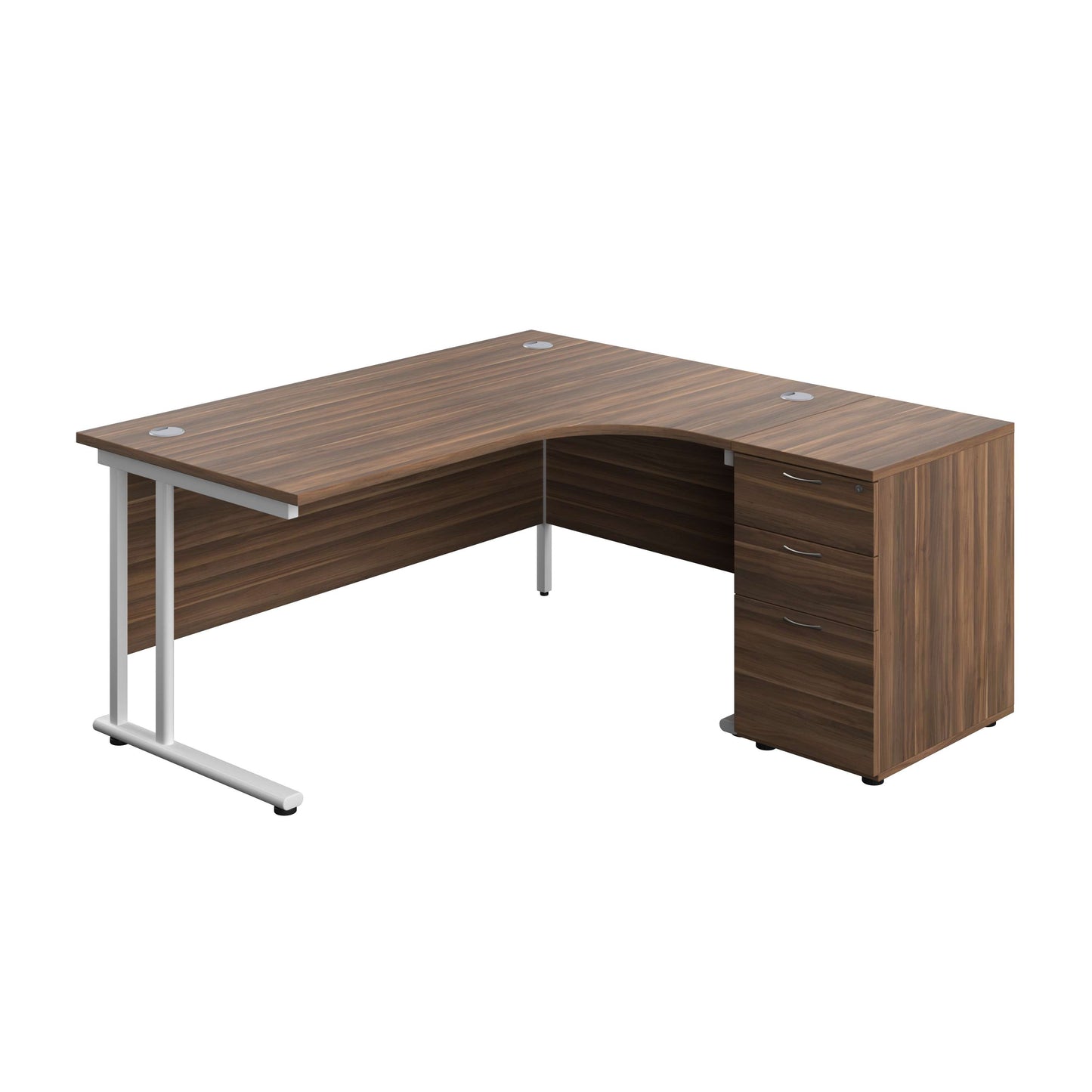 Twin Upright Right Hand Radial Desk + Desk High 3 Drawer Pedestal (FSC) | 1600X1200 | 600mm Deep Pedestal | Dark Walnut/White