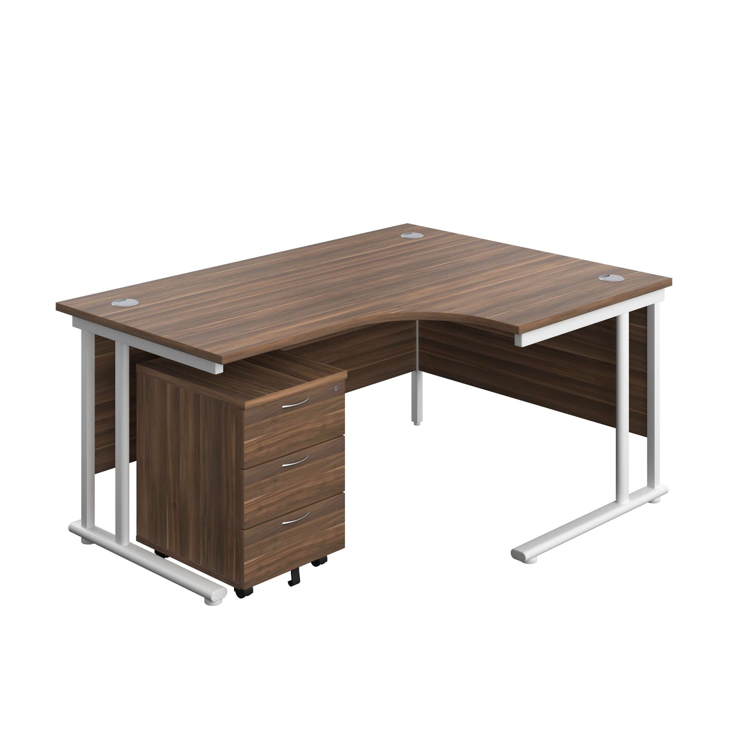 Twin Upright Right Hand Radial Desk + Mobile 3 Drawer Pedestal (FSC) | 1600X1200 | Dark Walnut/White