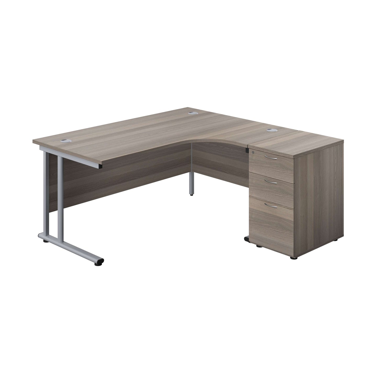 Twin Upright Right Hand Radial Desk + Desk High 3 Drawer Pedestal (FSC) | 1600X1200 | 600mm Deep Pedestal | Grey Oak/Silver