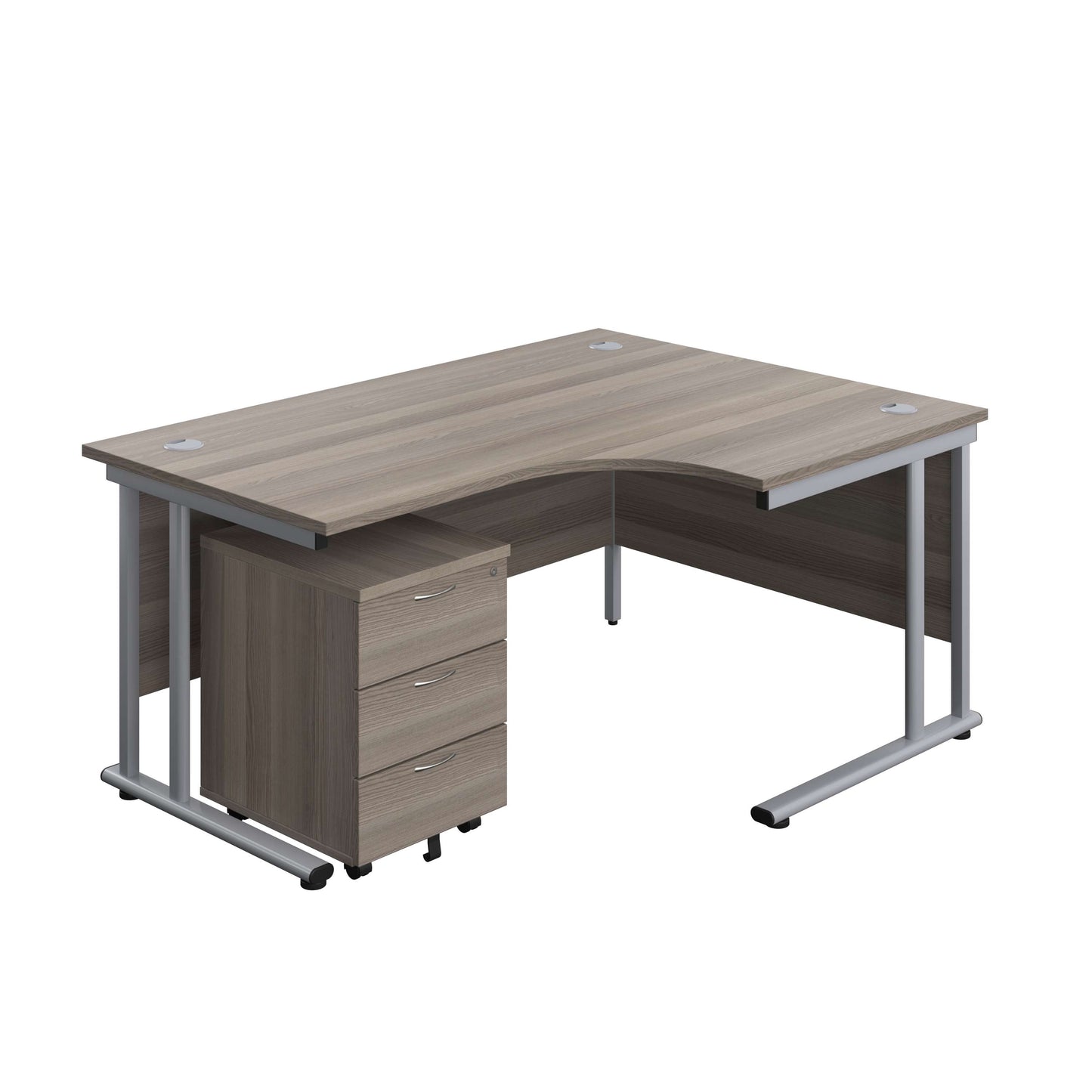Twin Upright Right Hand Radial Desk + Mobile 3 Drawer Pedestal (FSC) | 1600X1200 | Grey Oak/Silver